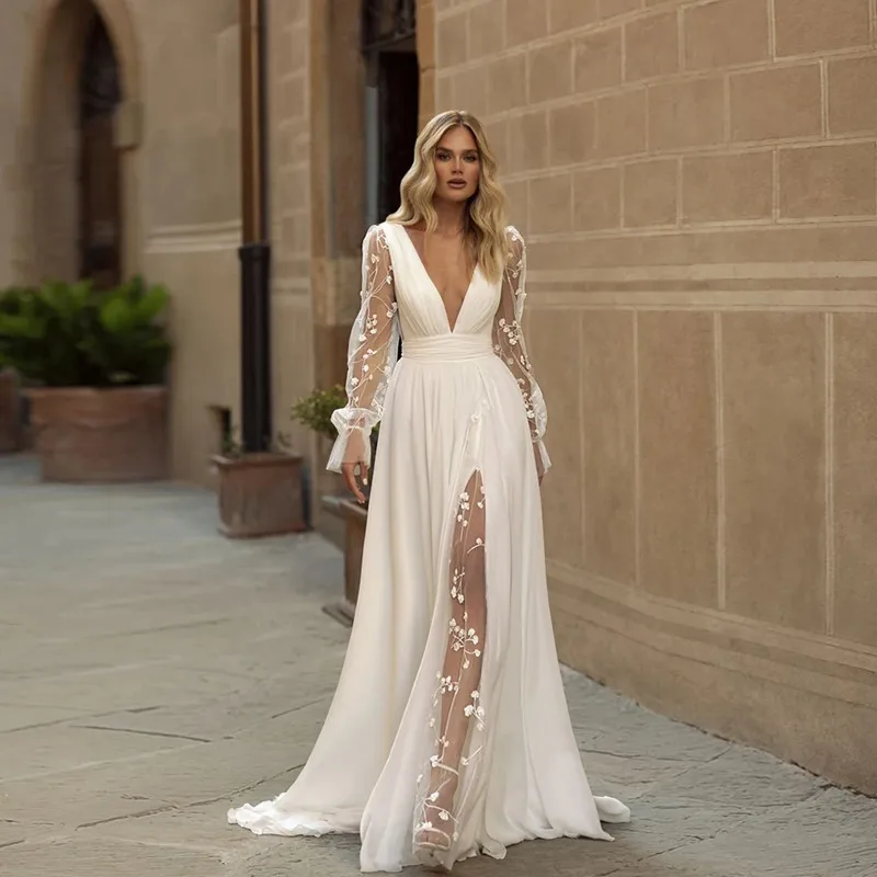 

Modern A-Line Wedding Dress Sexy V Neck Illusion Appliques Backless Zipper Long Sleeve High Side Slit Sweep Train Customized