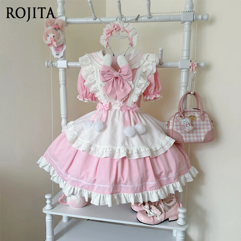 

Sweetheart Bunny Ball Original Design Lolita Dress Sweet Cute OP Dress Women Short Sleeve Dress + Apron