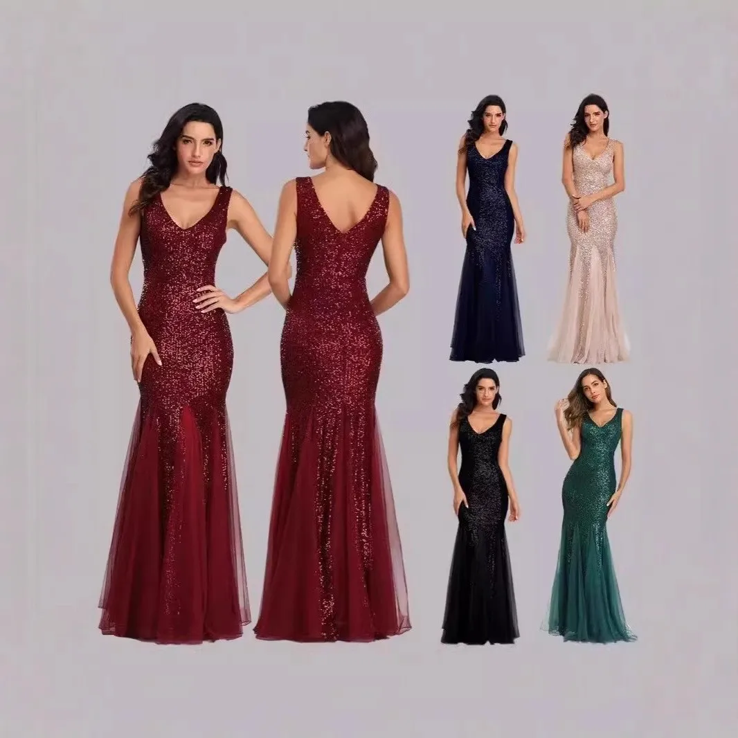 

Prom Dress Wedding Guest Elegant Party Long Sequin Evening Dress Mermaid V Neck Floor Length Formal Dress Sleeveless Deep V Neck