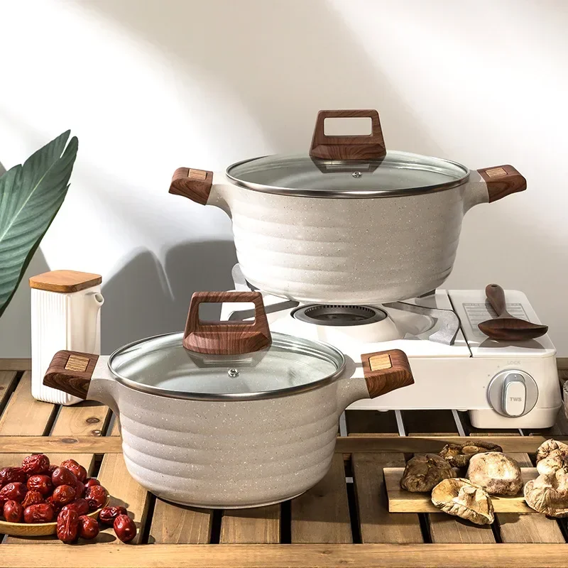 24cm Stew Pot With Lid Wooden Handle Soup Stock Pot Multicooker Kitchenware Multi-functional Double Ear Cooking Pots For Kitchen