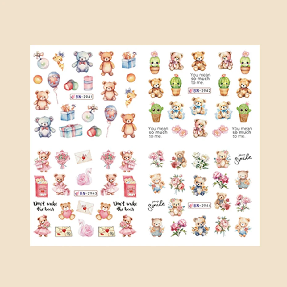 12 قطعة من ملصقات نقل المياه لفن الأظافر لعيد الحب - زهرة الدب الكرتونية اللطيفة وتصميم الحب الرومانسي لشارات نقل المياه