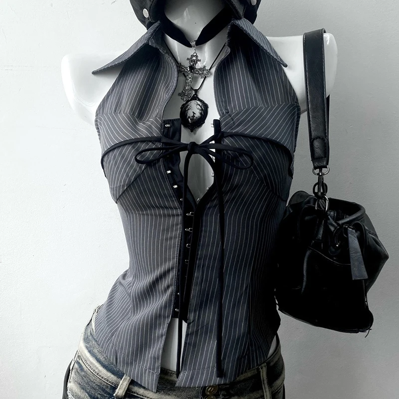 

Новые винтажные полосатые рубашки Y2K для женщин, укороченные блузки в стиле японского Харадзюку с бандажным дизайном, летняя уличная одежда, топы без рукавов в стиле гранж