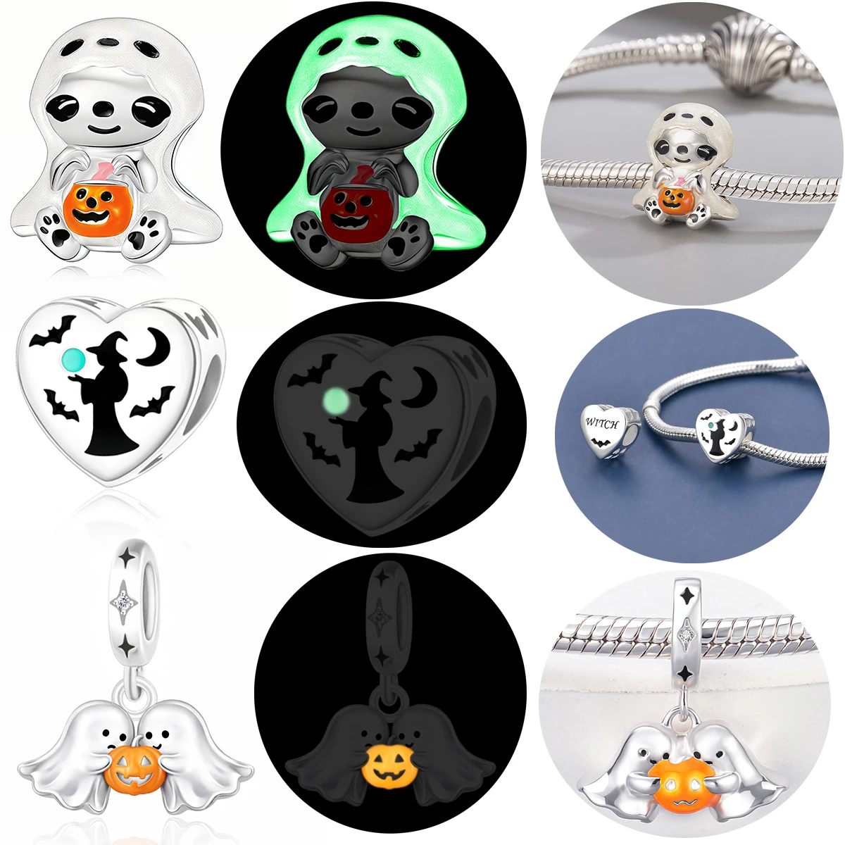 Fit Pandora2027 Fashionable Original Design Luminous Ghost Candy Pumpkin Witch Skull Bead Pendant Halloween Gift DIY Bracelet Ne