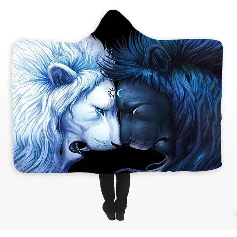 Lion Hooded Blanket Anti-Pilling Flannel Wearable Hooded Throw Blanket Super Soft Warm Hoodie Cape Wrap Blanket for Kids Adults