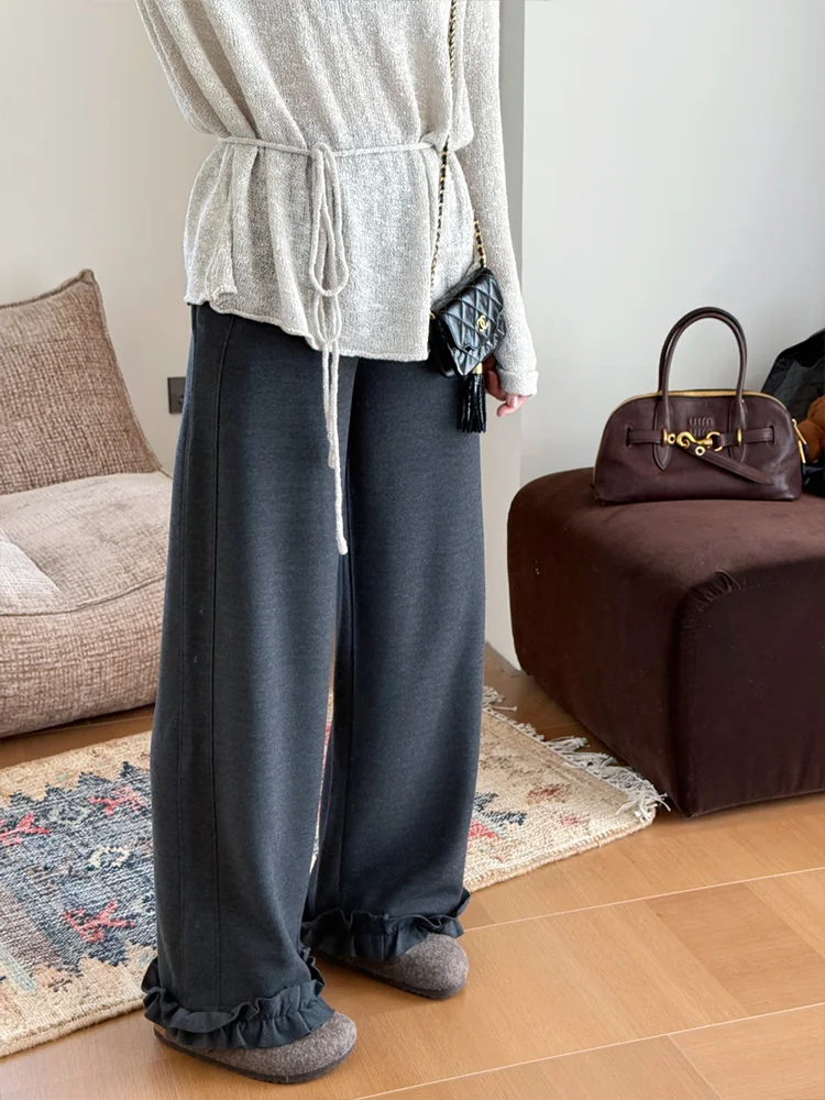 

Casual Wide Leg Pants Women's Autumn Winter Loose Comfortable Lambswool Camere Trimmed Flared Trousers Casual Sle Pure Color