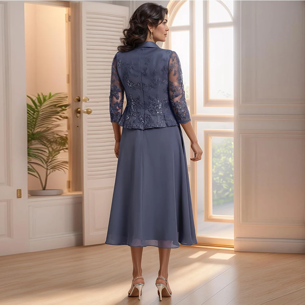 Maßgeschneiderte 2-teilige Kleider für die Brautmutter, Teelänge, Chiffon, Spitze, 3/4-Ärmel, Kleider für die Brautmutter mit Jacke