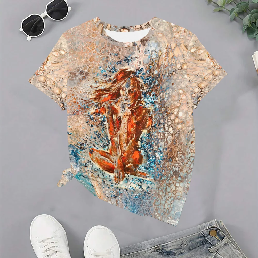

Women's Blue Orange Abstract Art Print T-Shirt - Summer Casual Fashion Fit Round Neck Short Sleeve