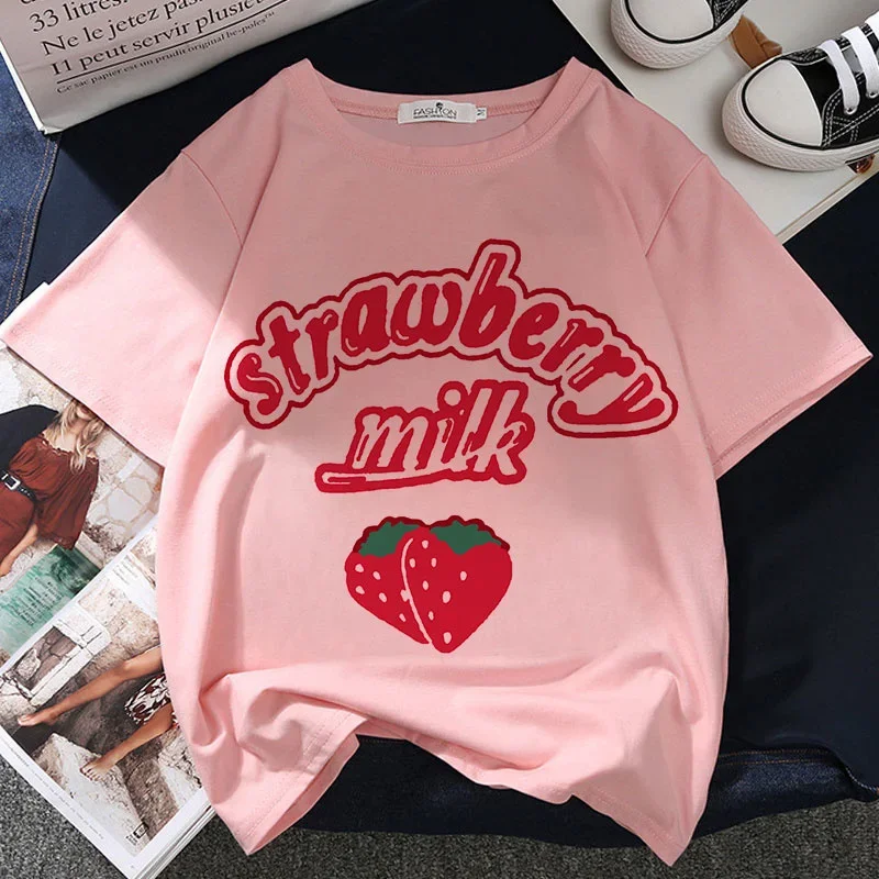 Strawberry Milk Graphic Print T-shirt Women Harajuku Aesthetic Pink Tops Tshirt Tee 2021 New Summer Fashion Y2k Female T Shirt