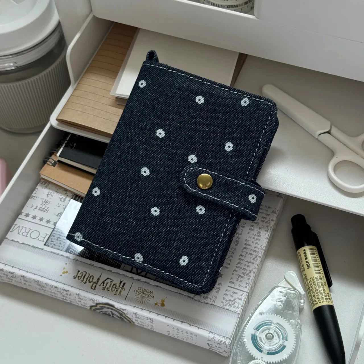 Dark Blue Floret Pattern Denim M5 A7 Loose Leaf Binder Journal Notebook Diary Cover Ring Planners Organizer Easy Carrying Agenda