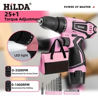 HILDA 12V Lithium Electric Drill  3/8-Inch Pink Electric Cordless Screwdriver Perforated Hand Mini Drill Power Driver Tools