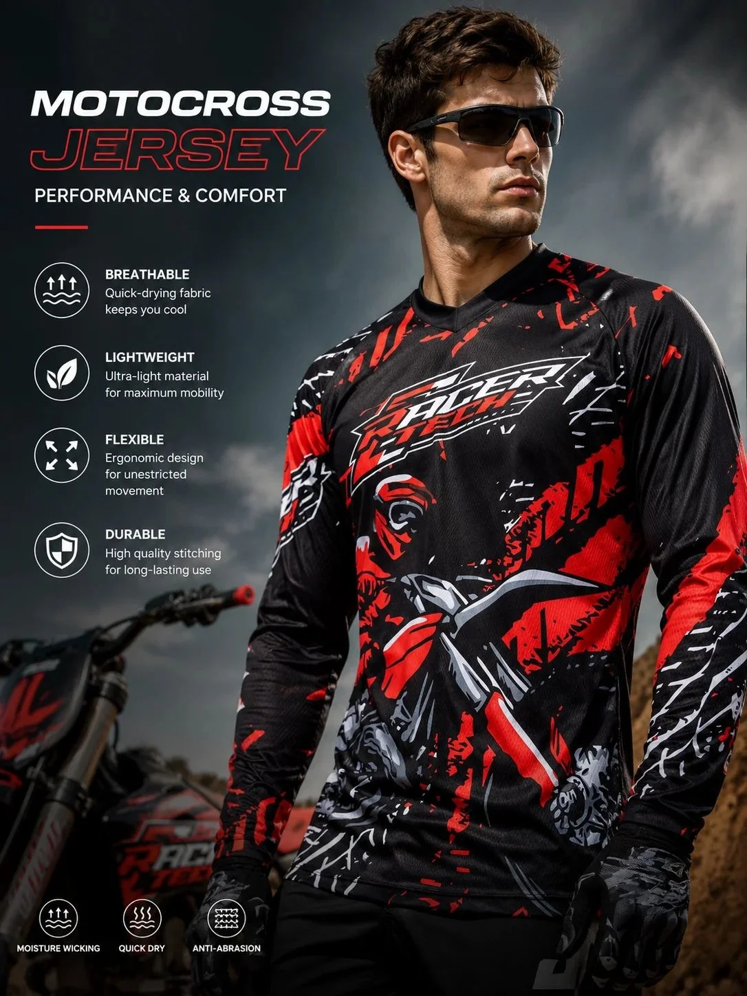 New Summer 2026 Motocross Shirt Men Black Red Breathable Mountain Bike Mtb Long Sleeve Racing Bike Shirt Cycling Jersey