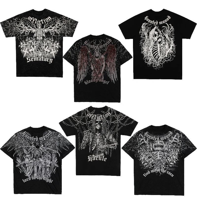 Affliction Washed T-shirt Retro Pattern Print Unisex Sweatshirt Gothic High Street Hip Hop Streetwear Washed Cotton Short Sleeve
