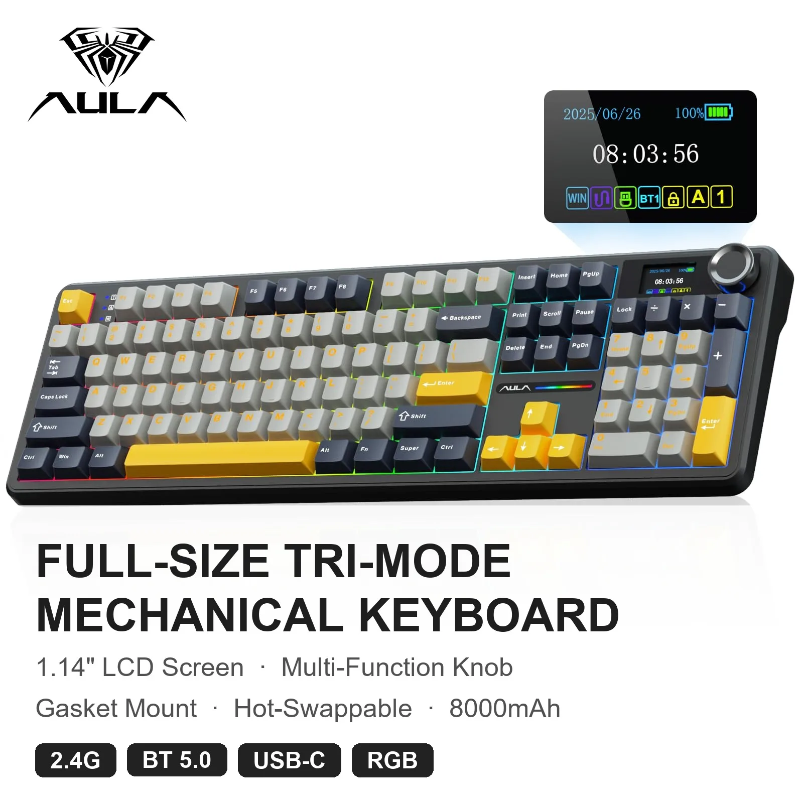 AULA F108 Pro Wireless Mechanical Keyboard Full Size LCD Screen Knob Tri-Mode Bluetooth 2.4G Hot Swap 8000mAh RGB Gaming