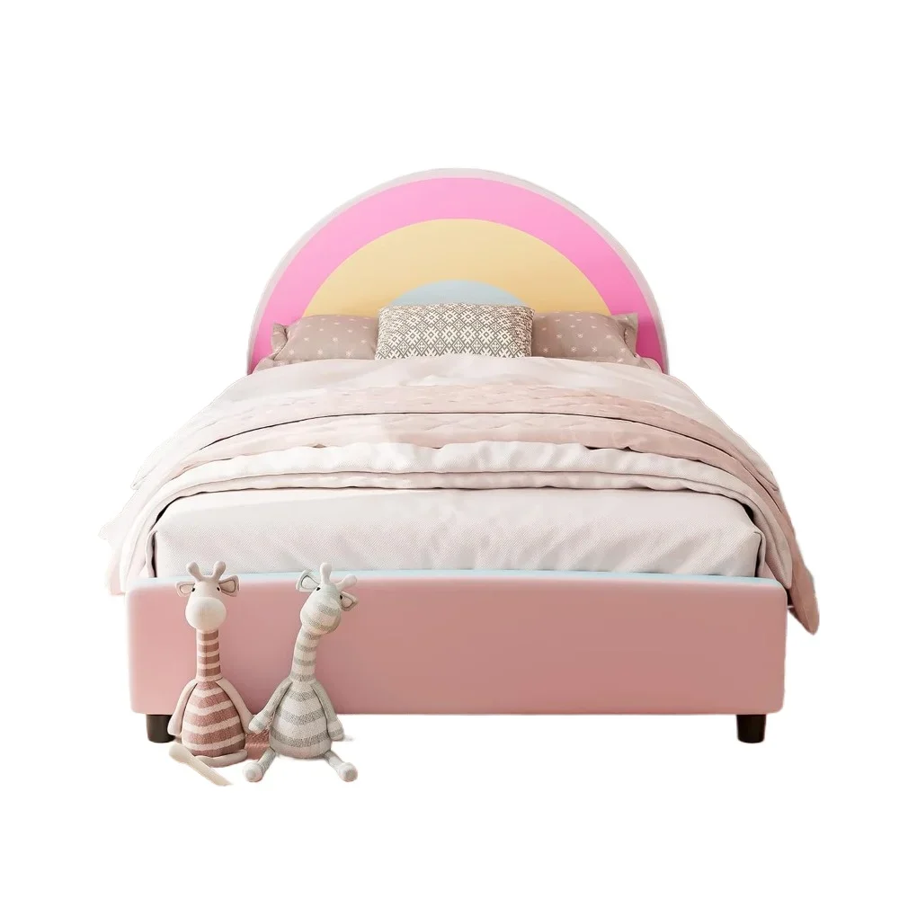 Twin bedframes voor kinderen, prinses gestoffeerd meisjes eenpersoonsplatformbed met regenbooghoofdeinde, massief houten latten kinderbedden