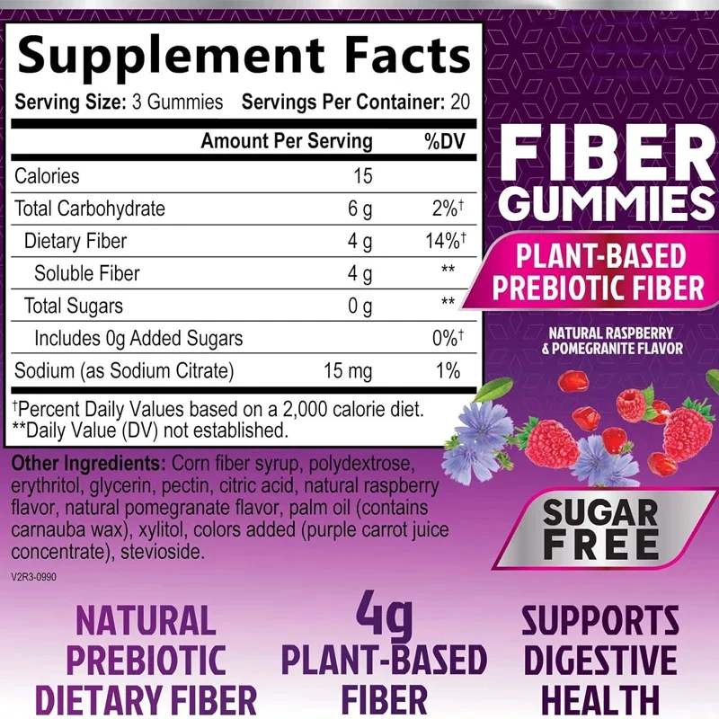 Adult Sugar Free Fiber Gummies - Support Regularity and Digestive Health, Natural Plant-based, Non GMO -60 Gummies