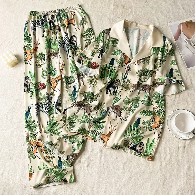 Women Pajamas Set Spring Summer 2 Piece Forest Print Pyjama Faux Silk Satin Sleepwear Short Sleeve Pijama Mujer Pjs Homewear