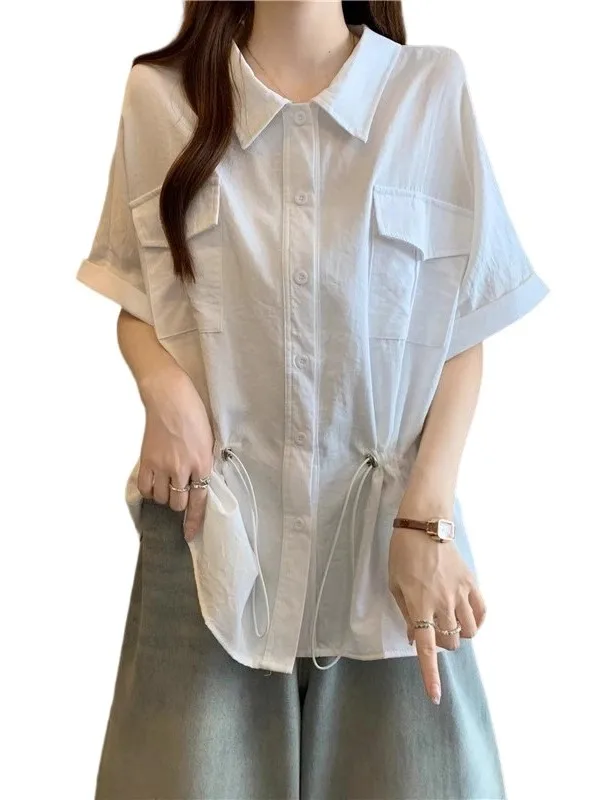 

White ort Sve irt Women's Utili Sle Mid-Length Dstring Waist Iatable Summer Faion Korean Loose Fit Co...