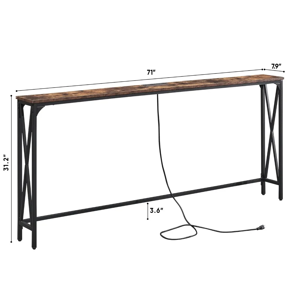 Table Entryway Sofa Table with Power Outlets,Rustic Brown