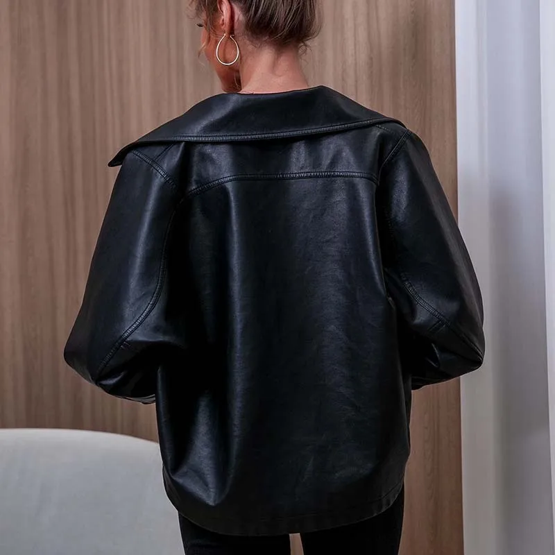 Blouson en cuir PU femme, court et décontracté, à manches longues, noir, printemps-automne