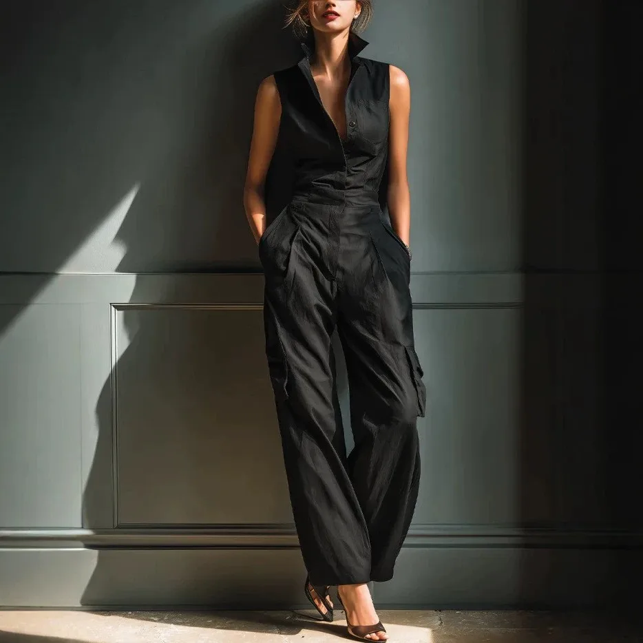 

Women Jumpsuit Sleeveless High Waist Romper Wide Leg Overalls Button Front Collar Neckline Solid Khaki Women's Summer Streetwear