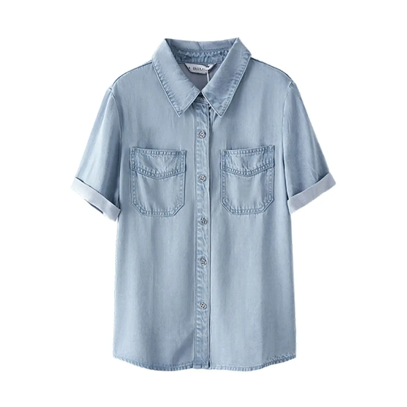 

2024 Summer New Female Denim Shirt Lapel Pockets Tencel Denim Short-sleeved Shirt Simple Commuter Short-sleeved Shirt