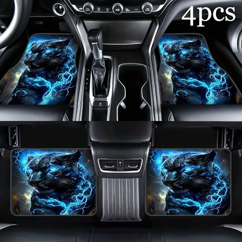 4pcs Car Interior Floor Mats, Blue Leopard Print Non-Slip Mats - Easy-Clean Material, All-Season Use, Suitable For Sedans, Truc