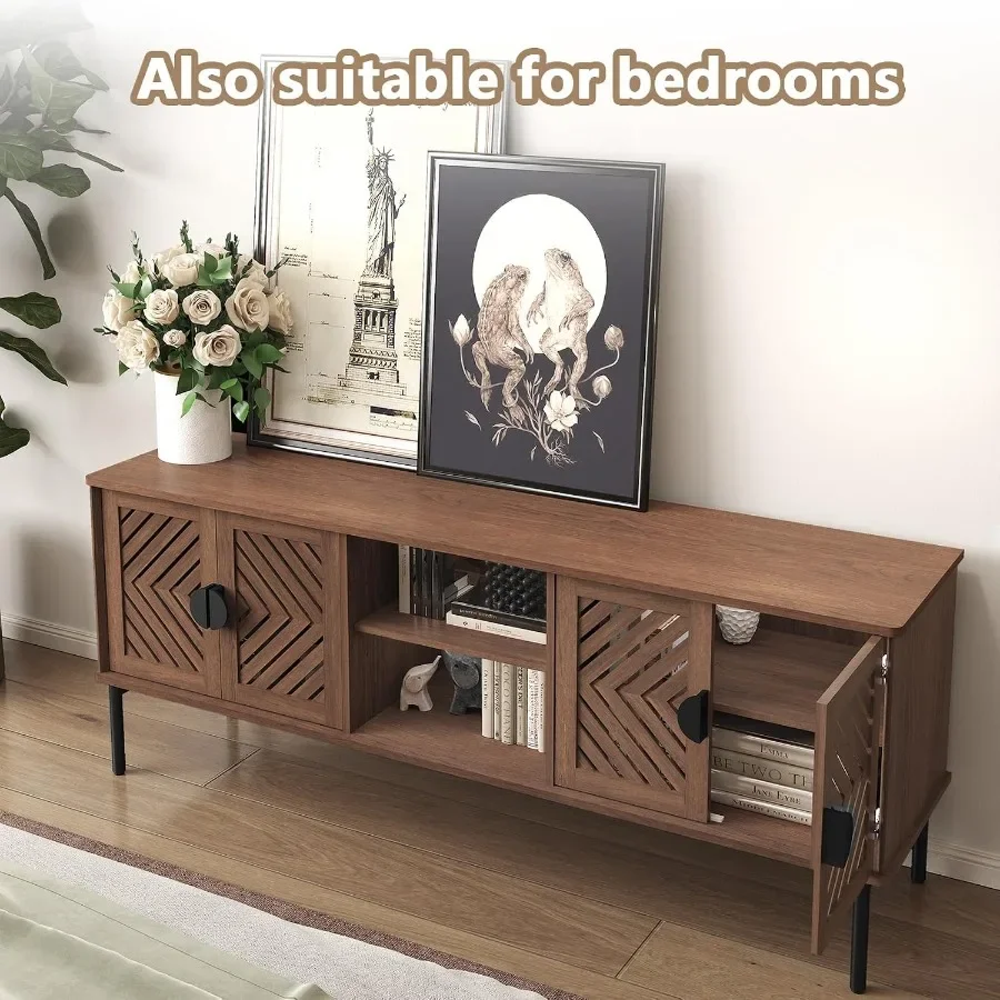 63 TV Stand for Living Room, Engineered Wood Entertainment Center with Storage Shelves, Brown Finish, Modern Style and Sturdy C view 5