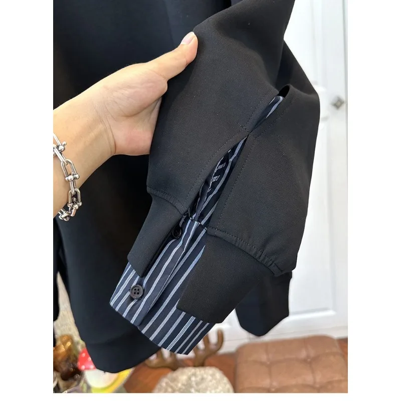 Camicia a righe in due pezzi finta a contrasto stile americano con felpa girocollo per top casual ampio invernale da donna