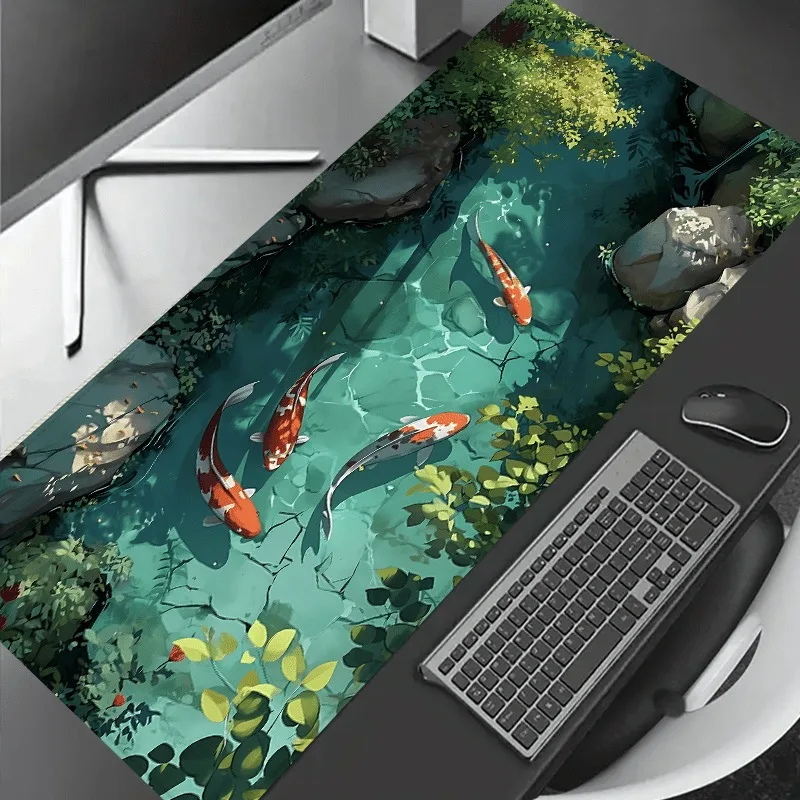 Large koi patterned desk mat, sewn edge gaming mouse mat with beautiful natural scenery, durable and smooth surface, suitable fo