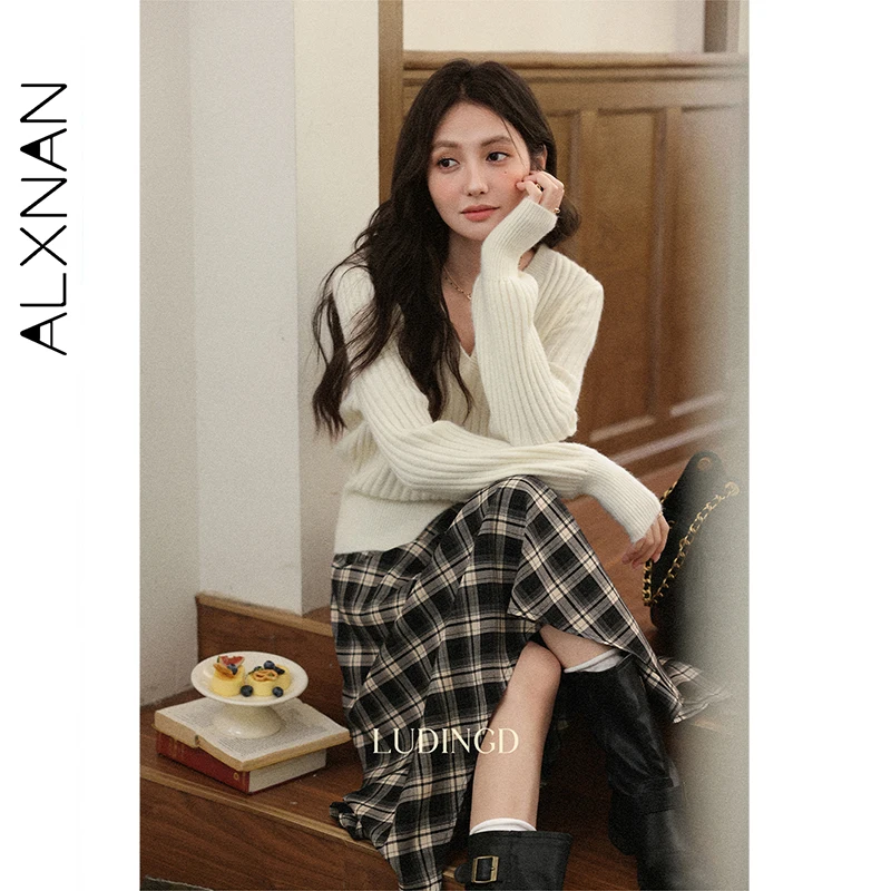 ALXNAN Black Plaid Irregular Skirt Women Elegant Long A-line Checkered Midi Skirts 2025 Fall Winter Female Clothing L57278-1