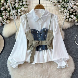 Autumn Vintage Long Sleeve Shirt With Denim Camisole Vest Set Versatile Bubble Sleeve Blouse Two-piece Top Set