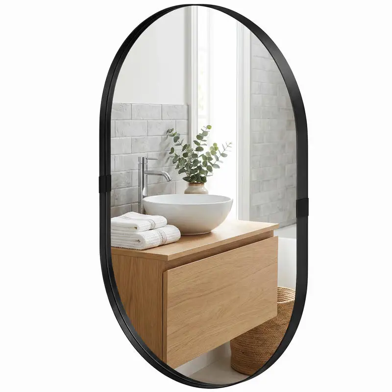 Miroir mural, miroir décoratif 60 x 90 cm en verre trempé et cadre en aluminium, pour chambre, salon, couloir, noir