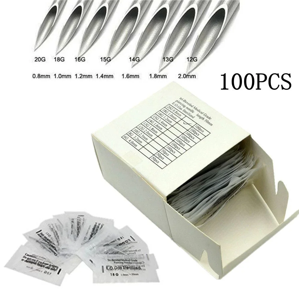 

100PCS Piercing Needles Surgical Steel Disposable Body Piercing Needles E.O.Gas Sterilized Permanent Makeup Tattoo Needles