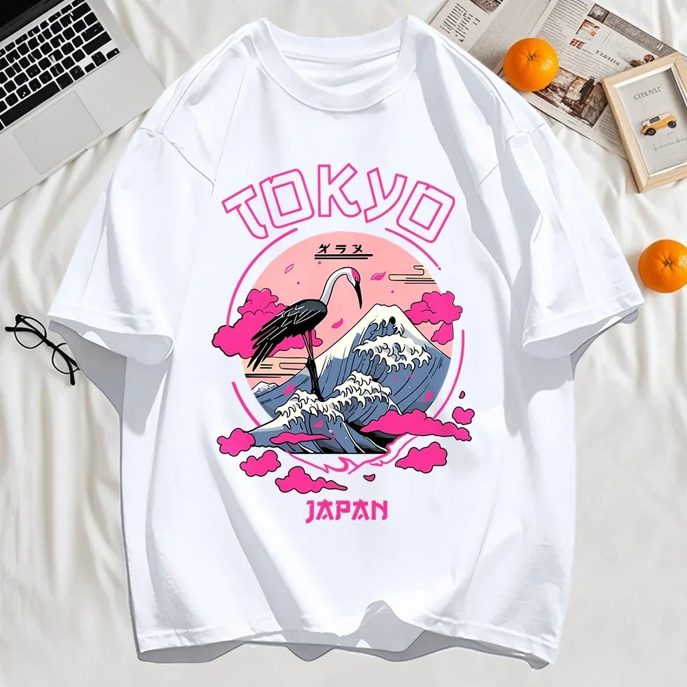 

Мужские футболки с рисунком журавля Tokyo Japan Harajuku, летние хлопковые базовые футболки, модная повседневная одежда с круглым вырезом, топы унисекс в стиле хип-хоп