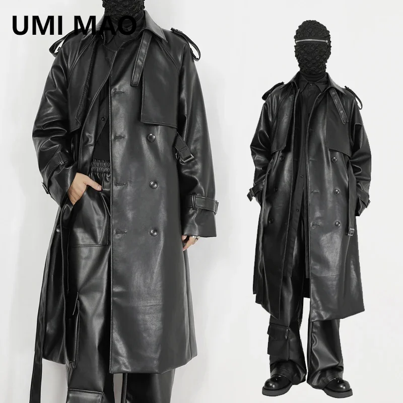 

UMI MAO Original Men's Windbreaker Long Design Designer Loose Double Breasted Long Knee Length Leather Trench Coat Trend