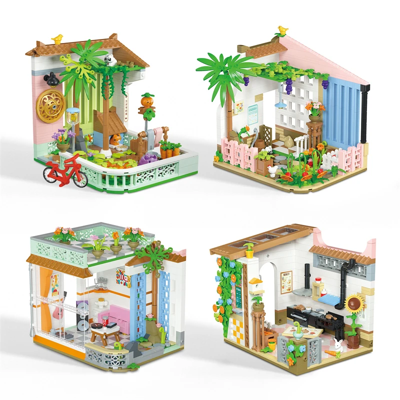 

Back garden miniature scene building blocks kitchen living room model childhood memory series small particle children's toys