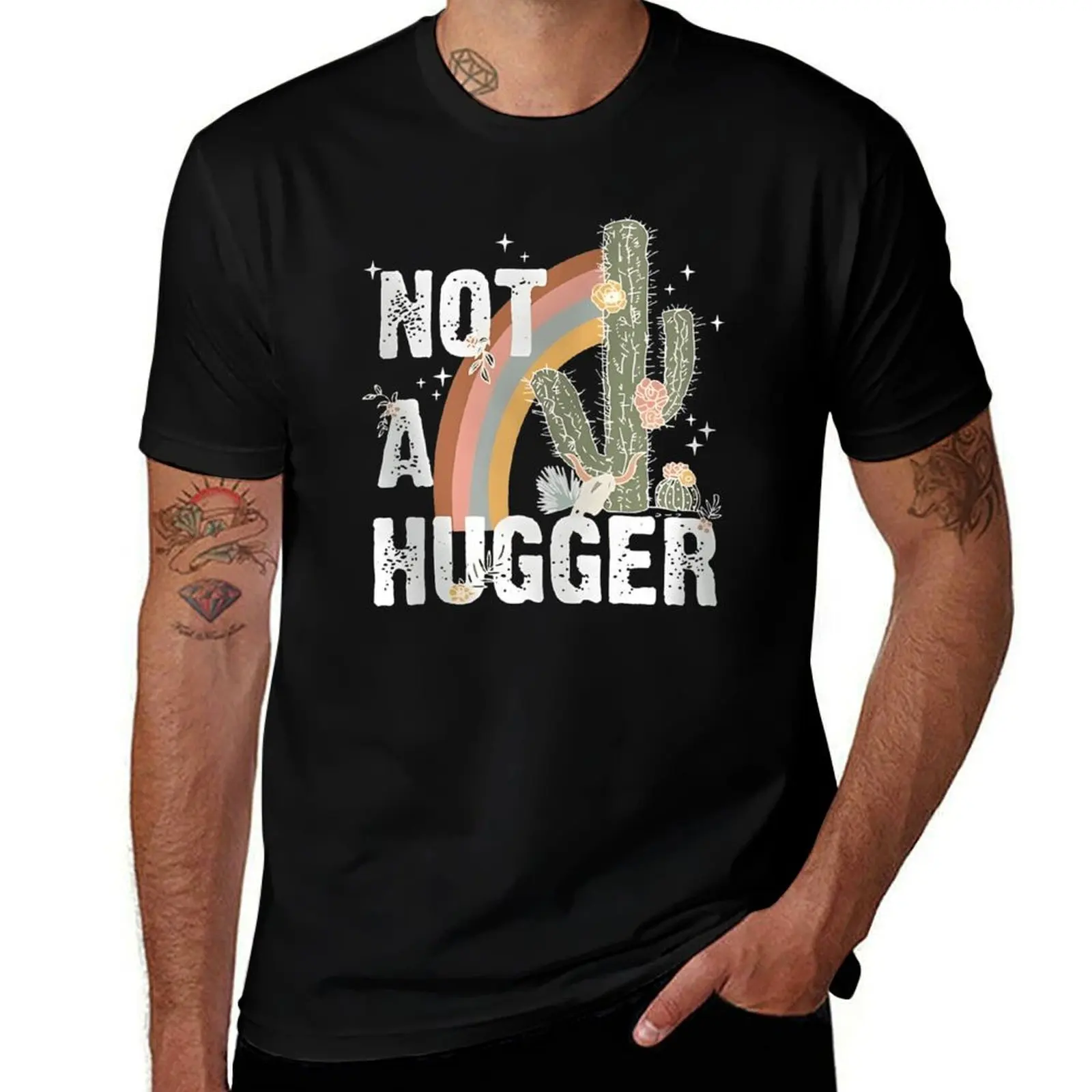 تي شيرت مميز من Not A Hugger Cactus Rainbow تي شيرت Harajuku Motion Humor Graphic Home مقاس أوروبي
