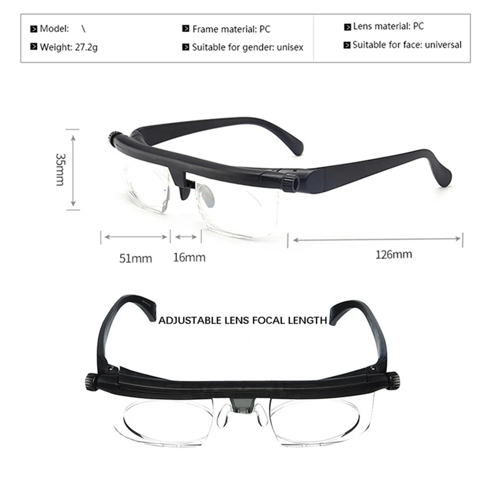 NONOR Double Vision Adjustable Degree Reading Glasses Universal Focal Length Correction Myopia Presbyopia Eyeglasses -6d to +3D