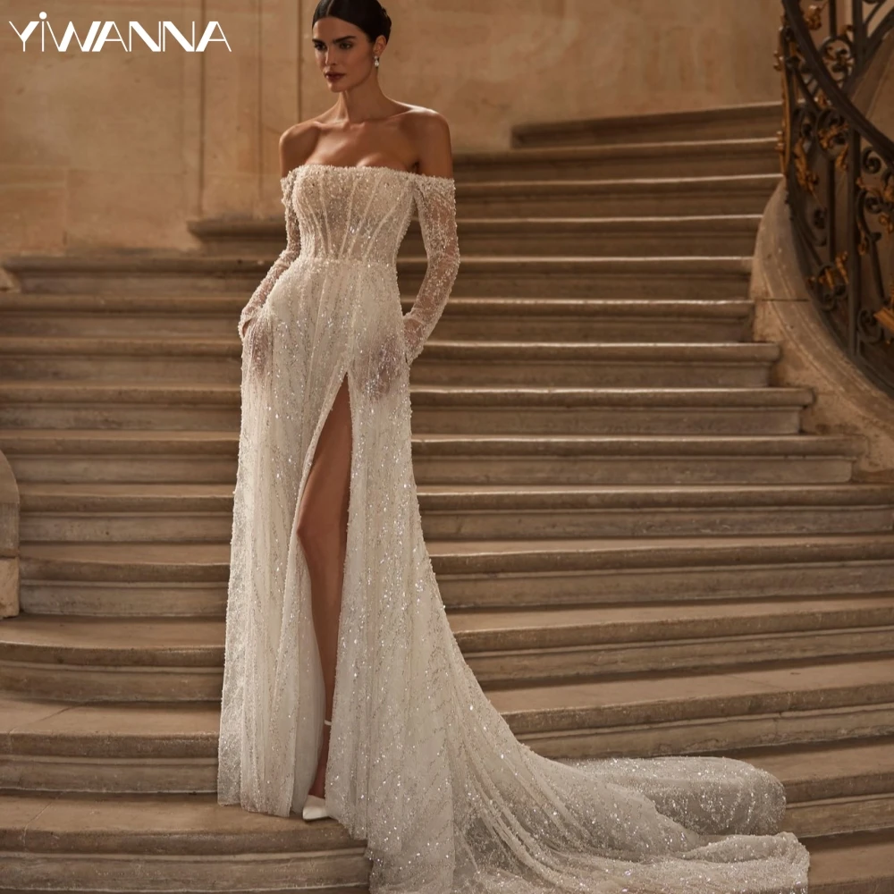 

Glitter Sequins A-line Long Wedding Dress Strapless Off The Shoulder Bride Robe Sexy High Slit Lace Bridal Gown Robe De Mariée