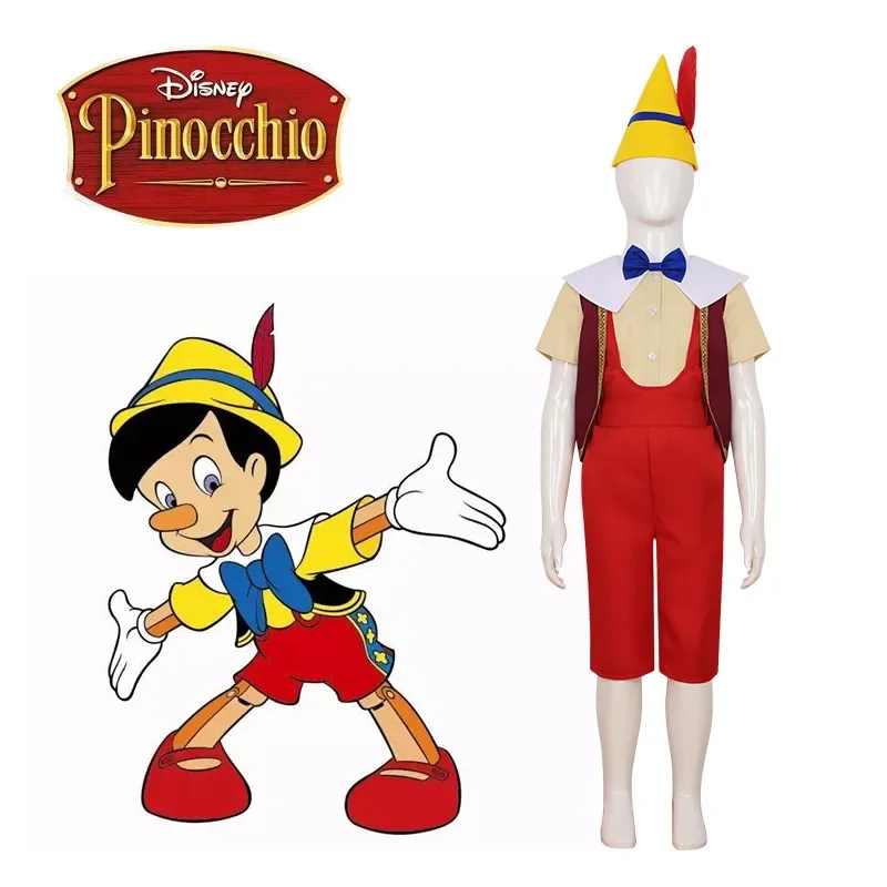 Pinocchio Cosplay Costume Kids Adult Unisex Set Top Overalls Hat Waistcoat Suit Halloween Prop