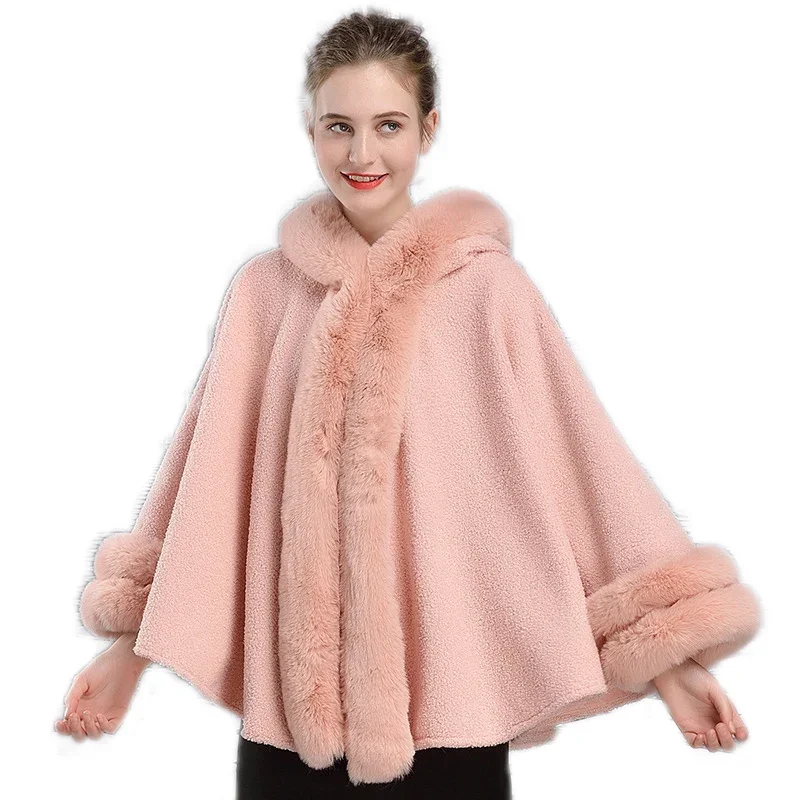 Luxury faux fur cloaks with hood lady Winter warm fur trim shawl ponchos women thick fur capes with lining