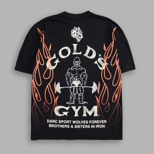 2026 American Vintage GOLD'S GYM Flame Wolf Head Print Short Sleeve T-shirt Men's Loose Heavy Weight Fitness Exercise T-shirt