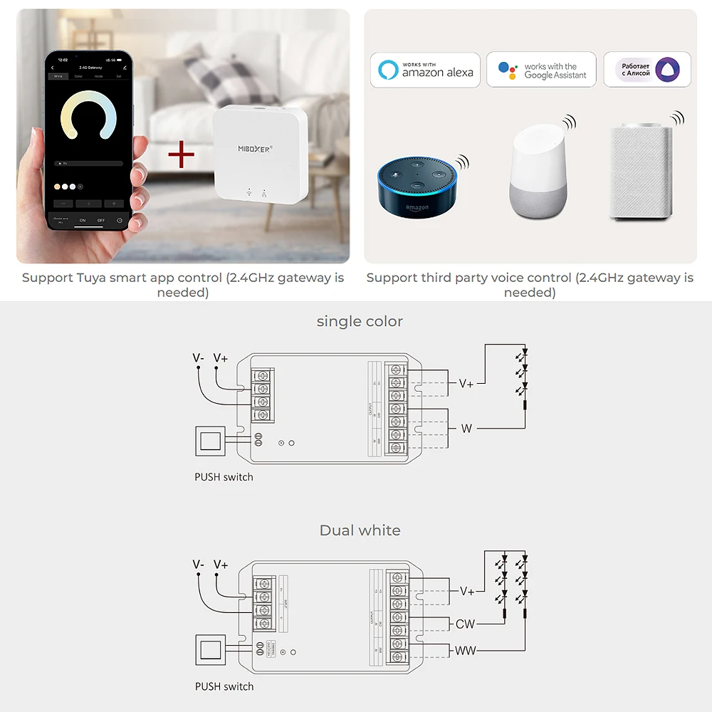 Miboxer HW2 2IN1 HW5 5IN1 2.4GHz WiFi+RF Controller Large Current Max 30A For Single Color/Dual White/RGB/RGBW/RGB+CCT Led Strip