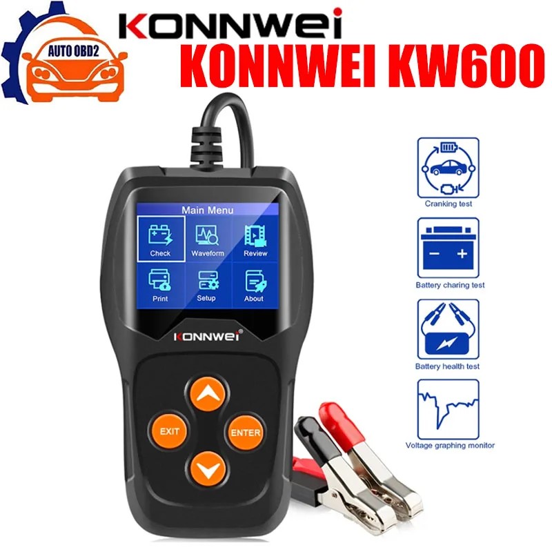 KONNWEI KW600 Car Battery Tester 12V 100-2000CCA 12V Battery Tool Battery Health/Faults 12V Digital Color Screen Auto Diagnostic