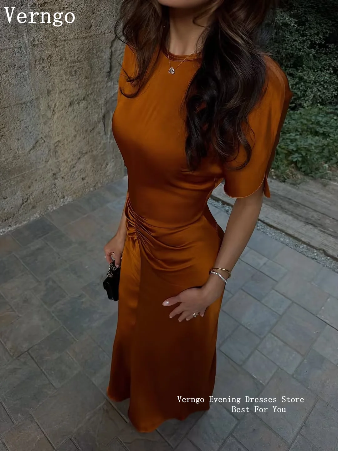 Verngo Caramel Brown Satin Maxi Dress Round Neck Short Sleeve Waist Ruched Bodycon Long Elegant Wedding Guest Dress Customized