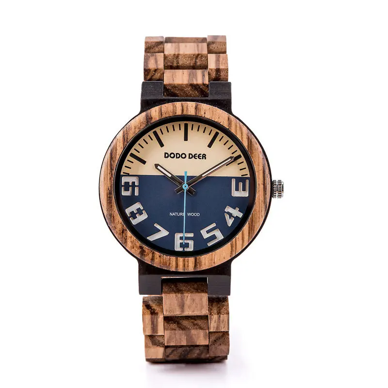 Color Block Luminous Numeral Wooden Watch for Men with Round Fold Clasp and Business Style
