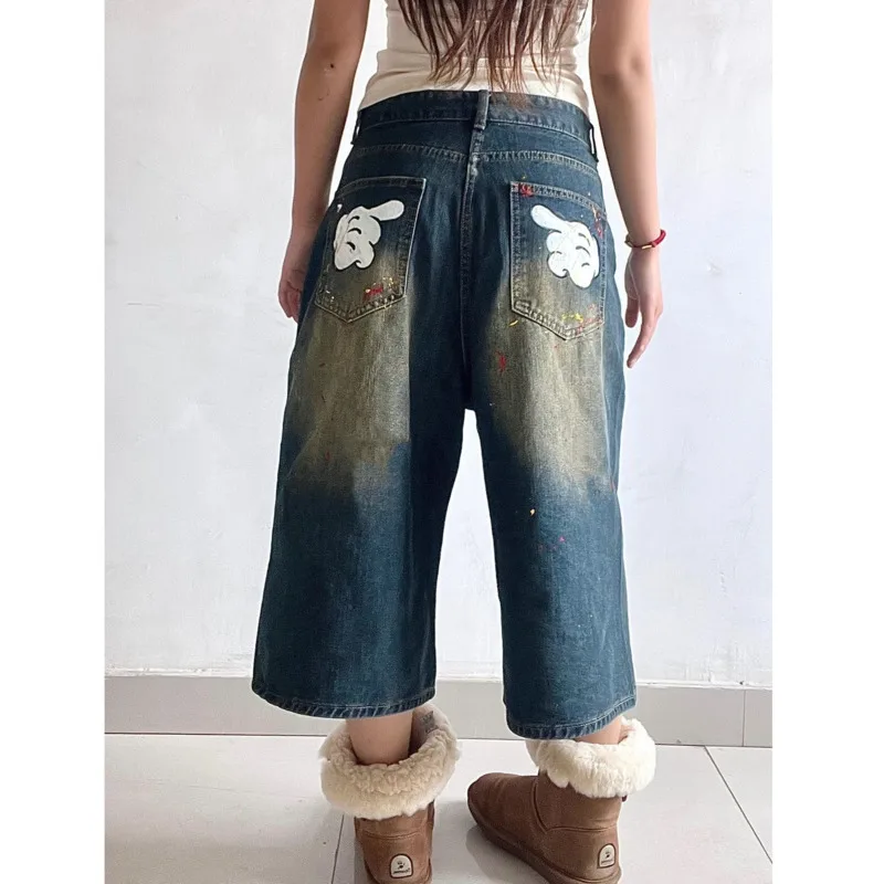 Disney Mickey Mouse Wide Jeans High Waist Cartoon Capri Trousers Casual Streetwear Calf-Length Pants Women Vintage Denim Pants