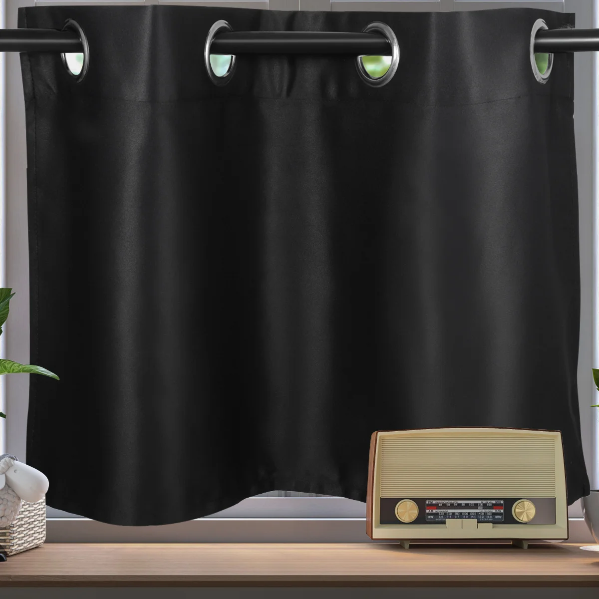 Tirai Pendek Premium Hitam 74x46cm untuk Dapur, Pelindung Sinar Matahari, Tirai Dekorasi Murni untuk Pintu dan Jendela