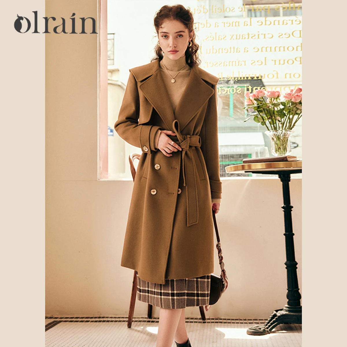 

OLrain Women Winter Coats 2026 French Style Long Wool Blends Outerwear Vintage Sashes Loose Coffee Ladies Jackets O22QN65195