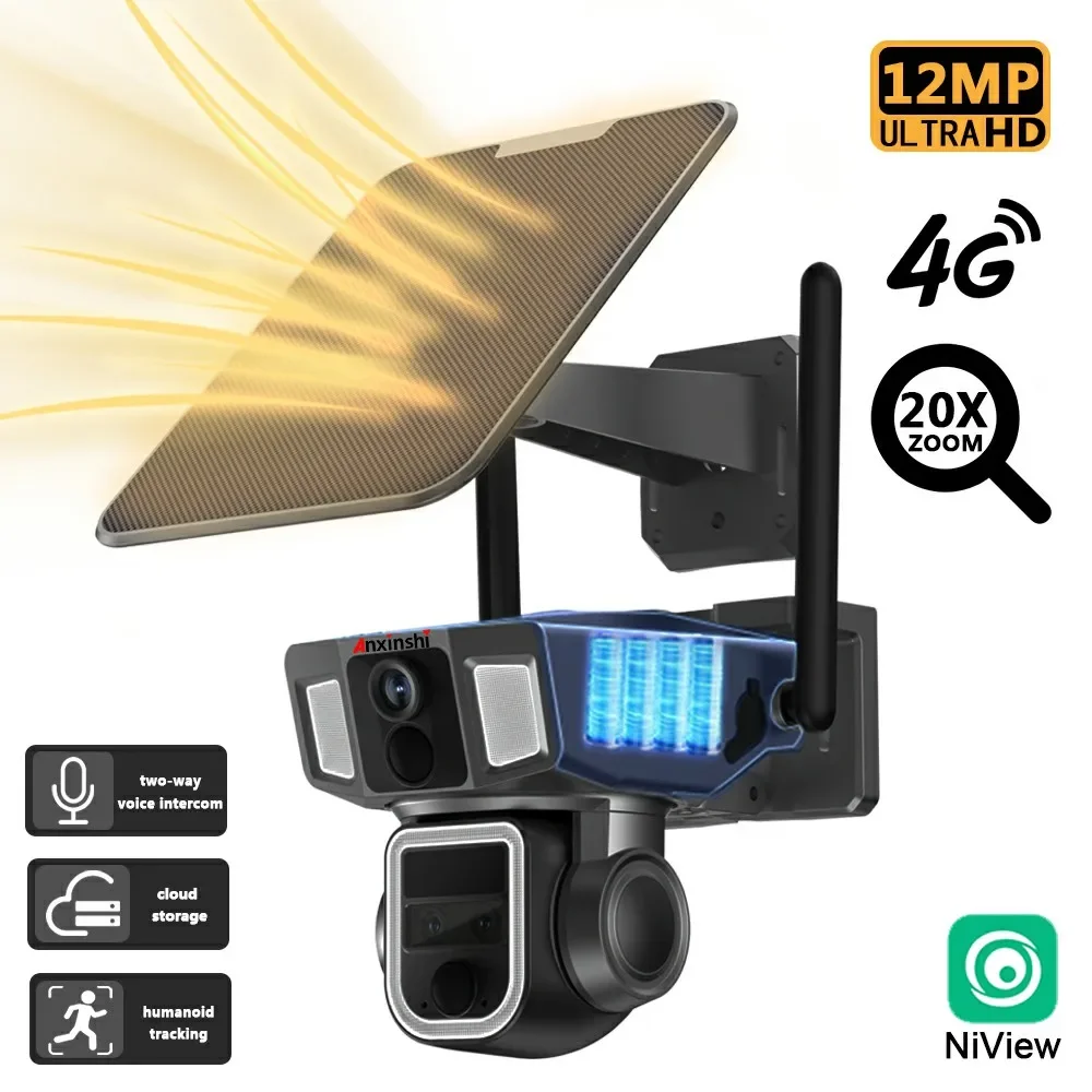 12MP Three Lens Solar Flood Light With Cctv Camera Alarm Linkage Cctv 4g And Wifi Support Solar Ptz Camera With Street Light